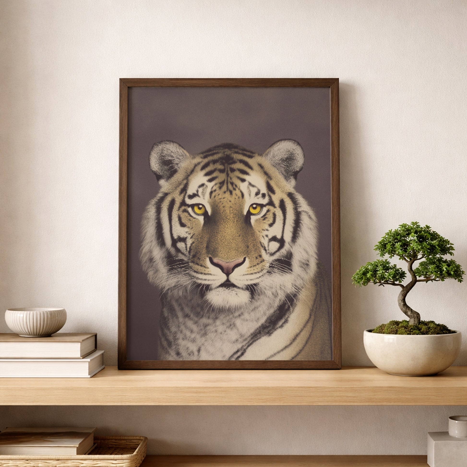 Malayan tiger wall art styled on a shelf next to a bonsai plant and stacked books. The close-up tiger portrait features a calm expression, detailed fur texture and vintage photographic finish. Warm brown tones and muted colours make this wildlife art print suitable for modern living rooms, offices or study spaces.