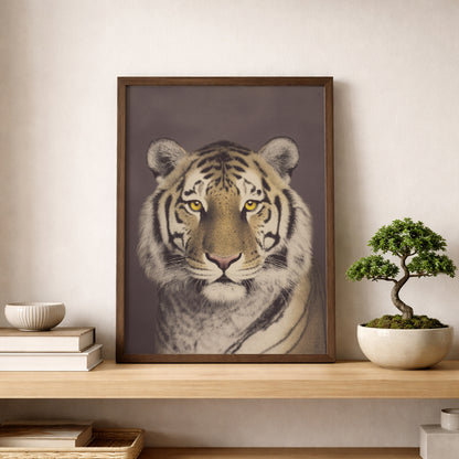 Malayan tiger wall art styled on a shelf next to a bonsai plant and stacked books. The close-up tiger portrait features a calm expression, detailed fur texture and vintage photographic finish. Warm brown tones and muted colours make this wildlife art print suitable for modern living rooms, offices or study spaces.