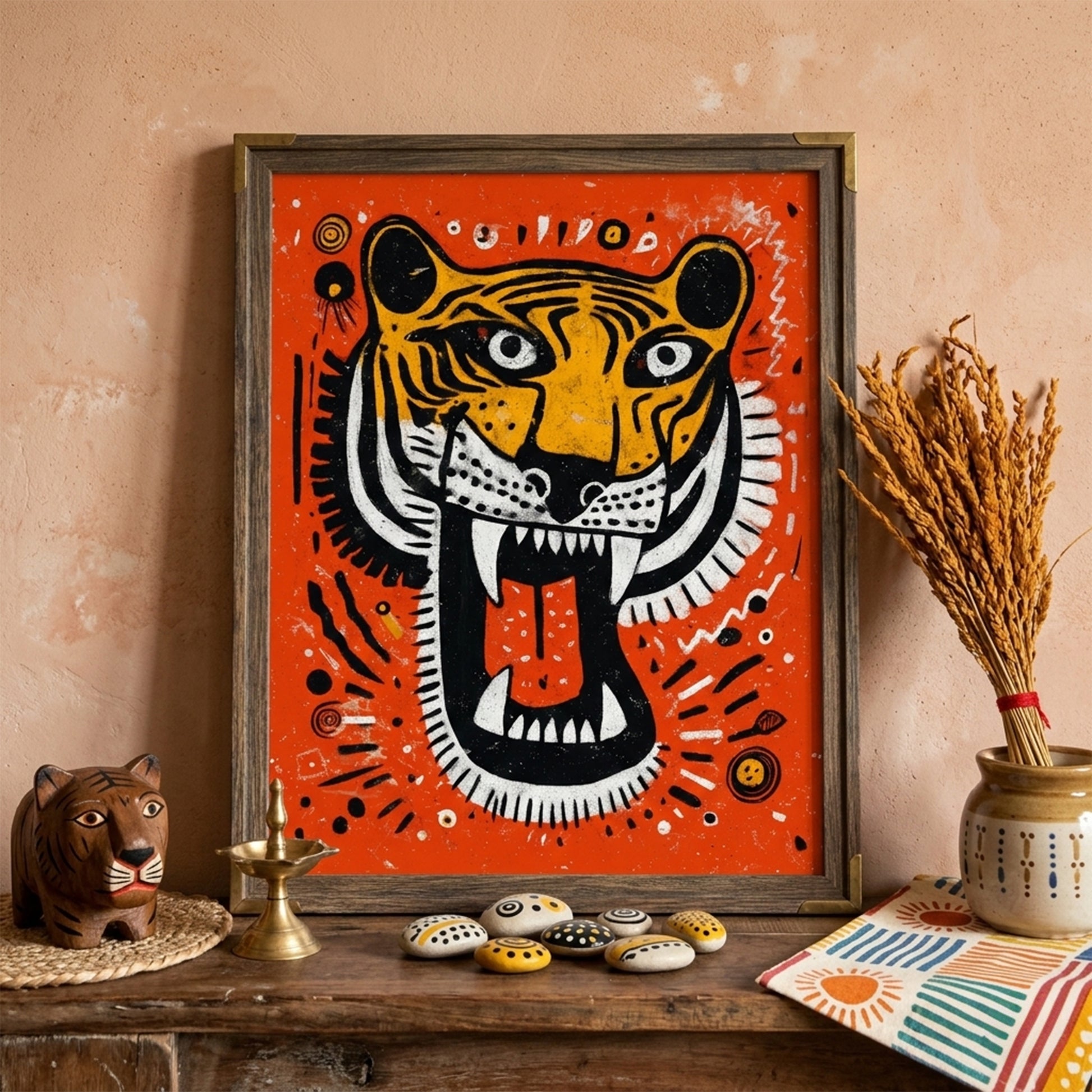 Roaring Malayan Tiger poster styled above a mantle in a modern living room. The bright orange background contrasts against neutral walls, making the aggressive tiger head design stand out. Framed presentation enhances the black and white striping, red tongue and tribal accents, creating bold Malaysia tiger decor for contemporary home interiors.