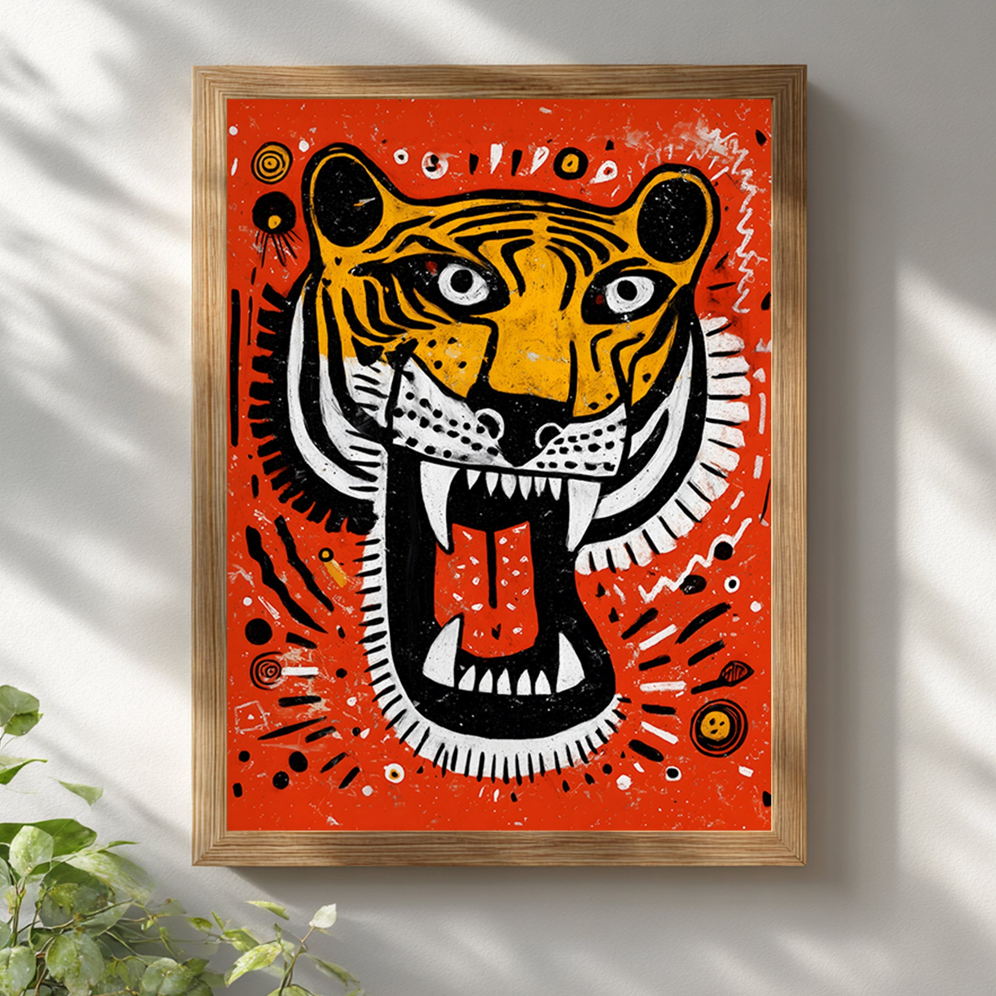 Roaring Malayan Tiger poster framed in a light wooden frame against a white wall. The vibrant orange background and aggressive tiger head design create strong contrast. Black and white stripes, sharp teeth and tribal circular accents form a bold Malaysian national animal artwork, ideal as modern big cat wall art for neutral interiors.