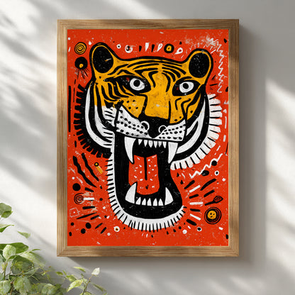 Roaring Malayan Tiger poster framed in a light wooden frame against a white wall. The vibrant orange background and aggressive tiger head design create strong contrast. Black and white stripes, sharp teeth and tribal circular accents form a bold Malaysian national animal artwork, ideal as modern big cat wall art for neutral interiors.