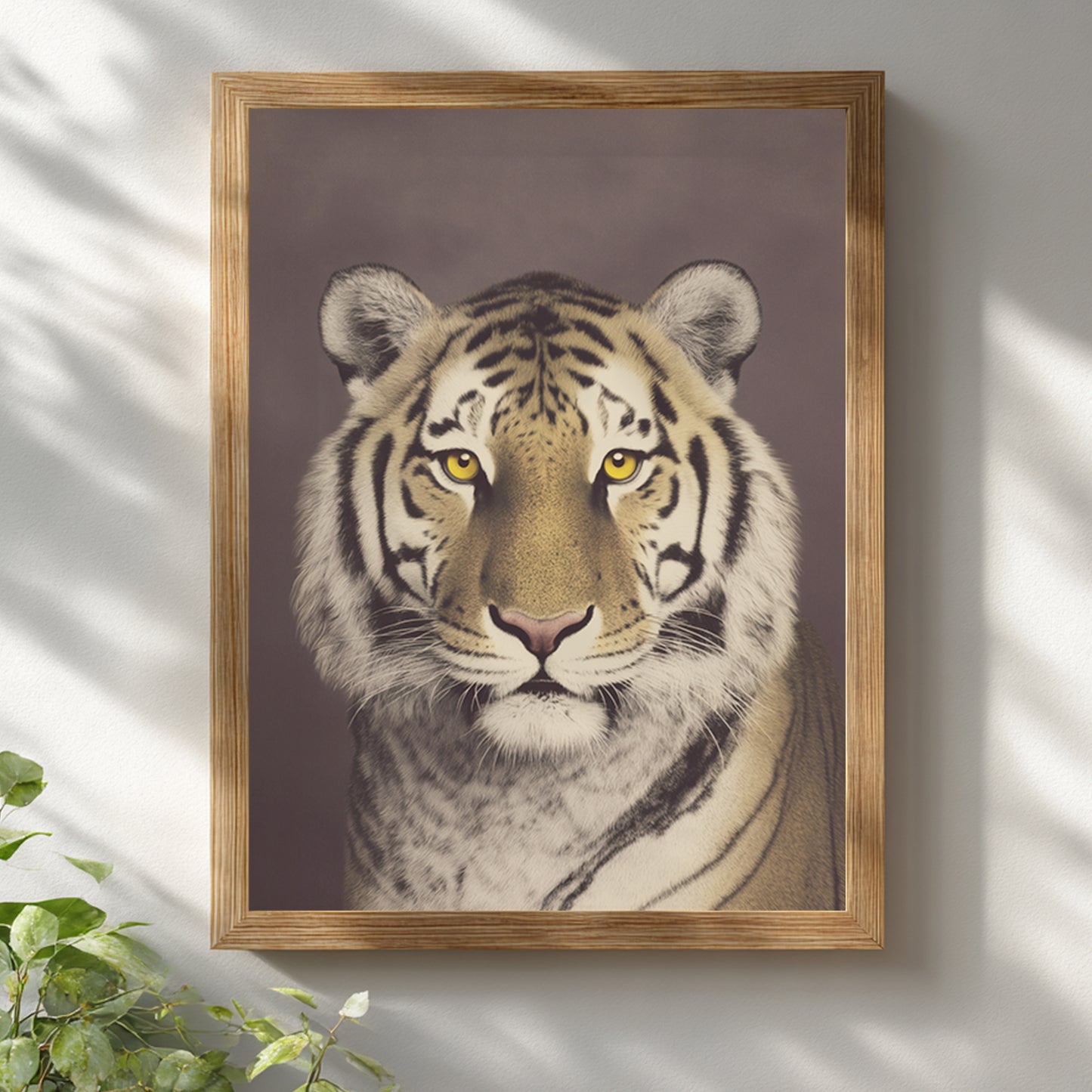 Malayan tiger wall art displayed in a natural wooden frame against a white wall. The close-up wildlife portrait features a focused gaze, strong stripe contrast and muted brown background. Vintage photographic style animal print designed for modern home decor, office spaces or neutral interior settings.