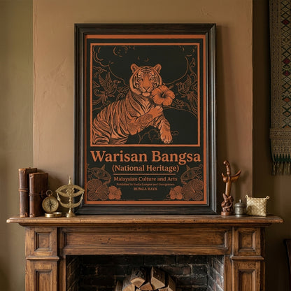 Framed Malaysia culture poster Warisan Bangsa National Heritage placed above a fireplace mantel in a warm interior setting. The artwork features a tiger holding a hibiscus flower surrounded by birds and ornamental floral patterns drawn in orange lines over a dark background. Malaysian heritage wall art with a vintage poster style representing national culture and symbolism.