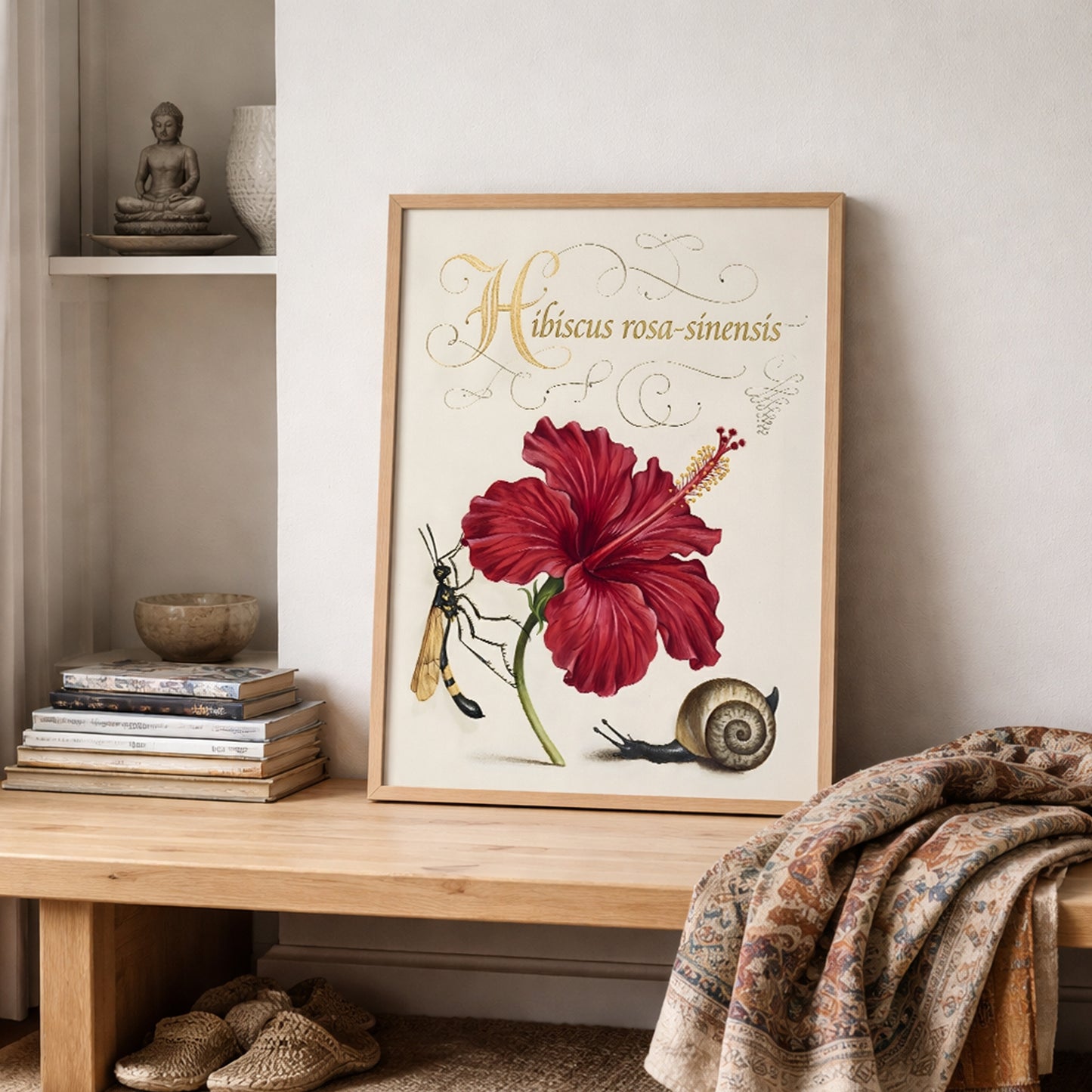 Malaysian hibiscus botanical print displayed on a wooden shelf with stacked books and textured fabrics. The red Hibiscus rosa-sinensis flower is shown in detailed botanical illustration style with scientific label, wasp and snail elements. Malaysia national flower artwork inspired by traditional natural history botanical plates and vintage plant studies.
