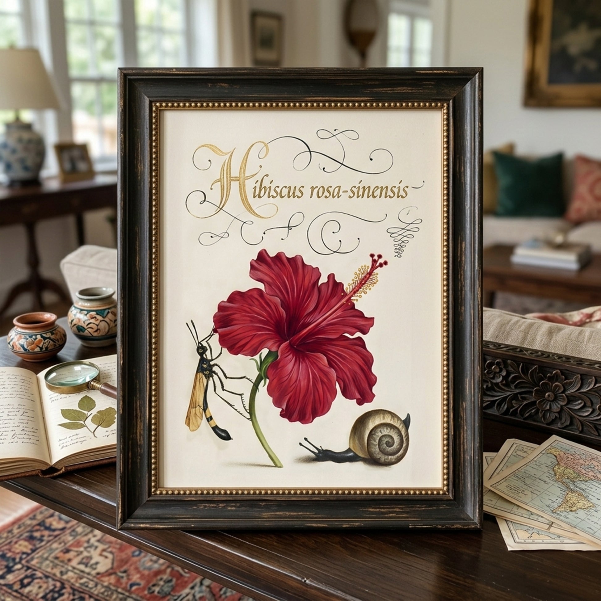 Malaysian hibiscus botanical wall art displayed in a living room interior with a dark frame and neutral décor. The illustration shows the red Hibiscus rosa-sinensis flower with decorative script title, a wasp and a snail in a traditional botanical study composition. Vintage hibiscus botanical illustration representing Malaysia’s national flower in classic natural history style.
