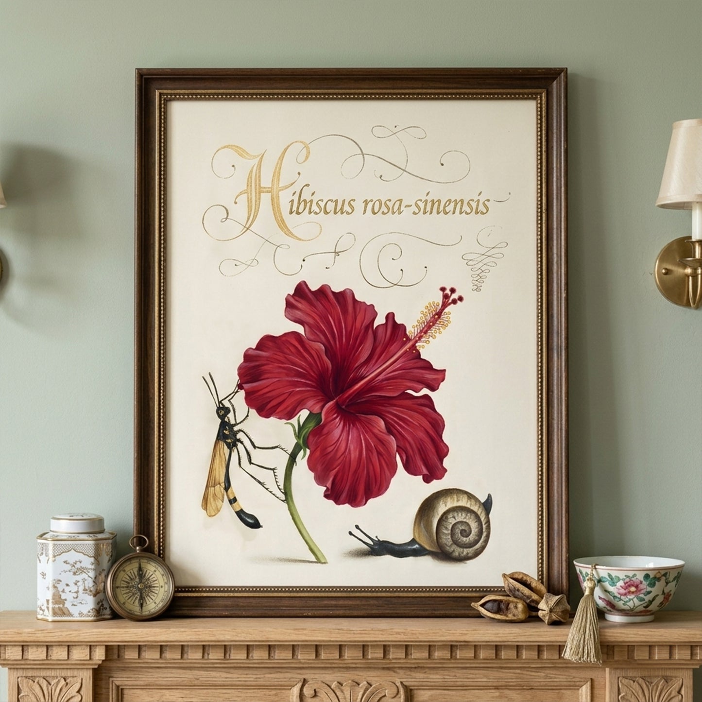 Malaysia national flower botanical print displayed above a mantel shelf in a framed setting. The red hibiscus flower is illustrated with soft shading and labelled Hibiscus rosa-sinensis, accompanied by a small wasp and snail. Vintage botanical hibiscus illustration inspired by traditional natural history plant studies with a clean cream background.