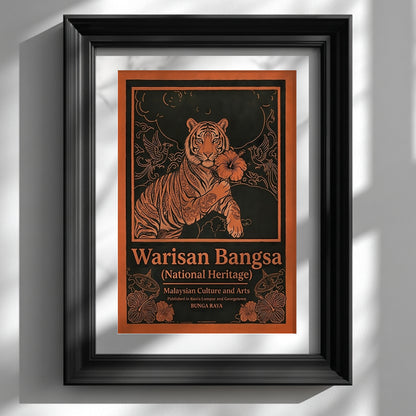 Framed Malaysia tiger wall art featuring the Warisan Bangsa National Heritage design displayed on a white wall in a black frame. The artwork shows a calm tiger holding a hibiscus flower (bunga raya) surrounded by decorative birds and floral patterns in bold orange linework on a dark background. A Malaysian culture poster styled as vintage graphic wall art representing national heritage and traditional illustration.