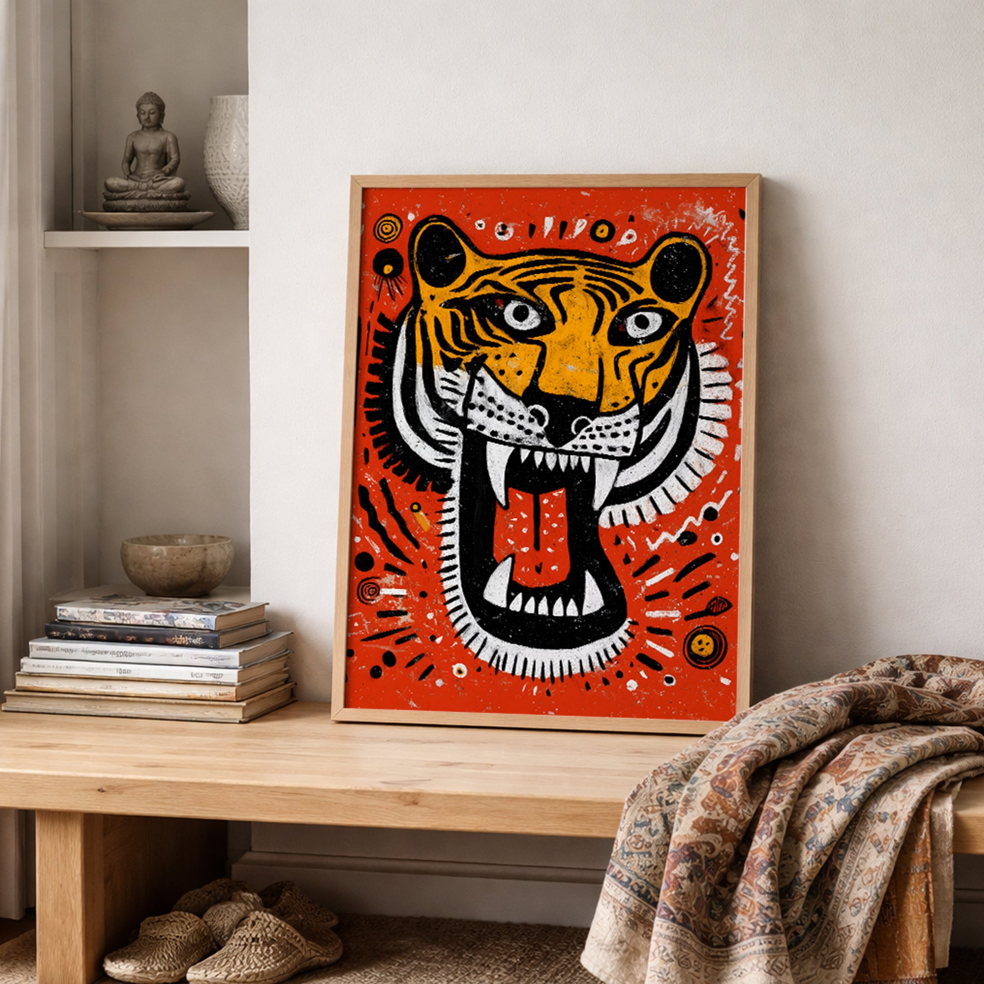 Malayan Tiger wall art styled on a shelf with textured fabrics and cultural decor. The aggressive tiger illustration features sharp white teeth, red tongue and heavy black striping on a vibrant orange background. Tribal-style dots and circular accents frame the head, blending street art and modern folk design for bold animal wall decor.
