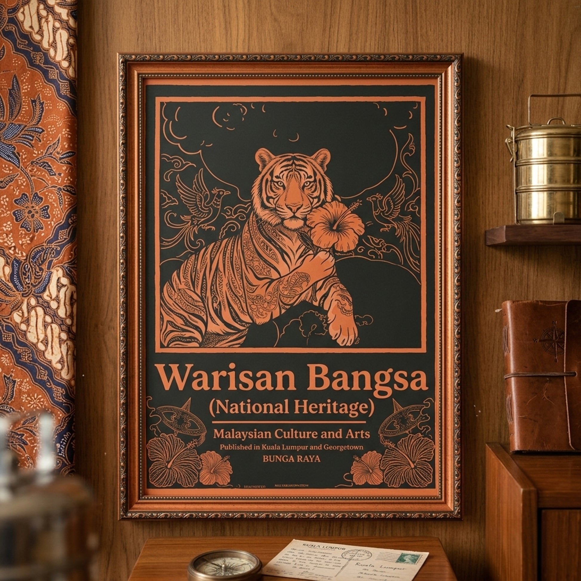 Malaysian wall art Warisan Bangsa National Heritage displayed above a fireplace in a wooden interior. The framed poster shows a calm tiger holding a hibiscus flower with decorative birds and floral motifs arranged in a symmetrical ornamental border. Bold orange line illustration against a dark background creates a vintage Malaysian culture poster inspired by heritage symbolism.