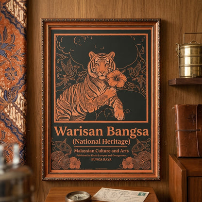 Malaysian wall art Warisan Bangsa National Heritage displayed above a fireplace in a wooden interior. The framed poster shows a calm tiger holding a hibiscus flower with decorative birds and floral motifs arranged in a symmetrical ornamental border. Bold orange line illustration against a dark background creates a vintage Malaysian culture poster inspired by heritage symbolism.
