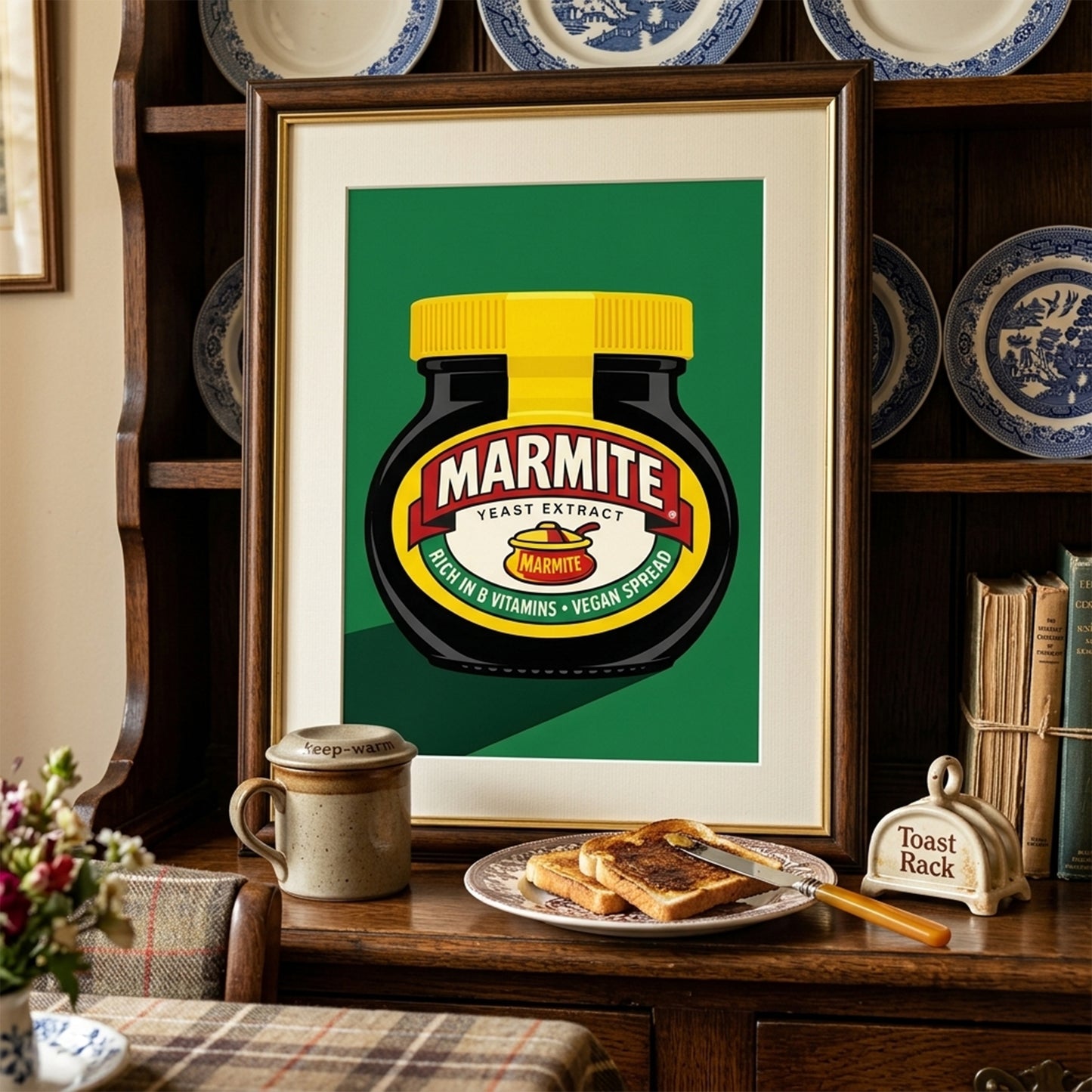 Framed Marmite Jar Print displayed above a dining setup with warm wood tones, food on the table and decorative shelving around it. The bold green background, black jar and yellow lid stand out clearly, giving the room a playful pop art focal point. A strong example of British food wall art used in a dining room, breakfast nook or home bar with modern and character-led styling.