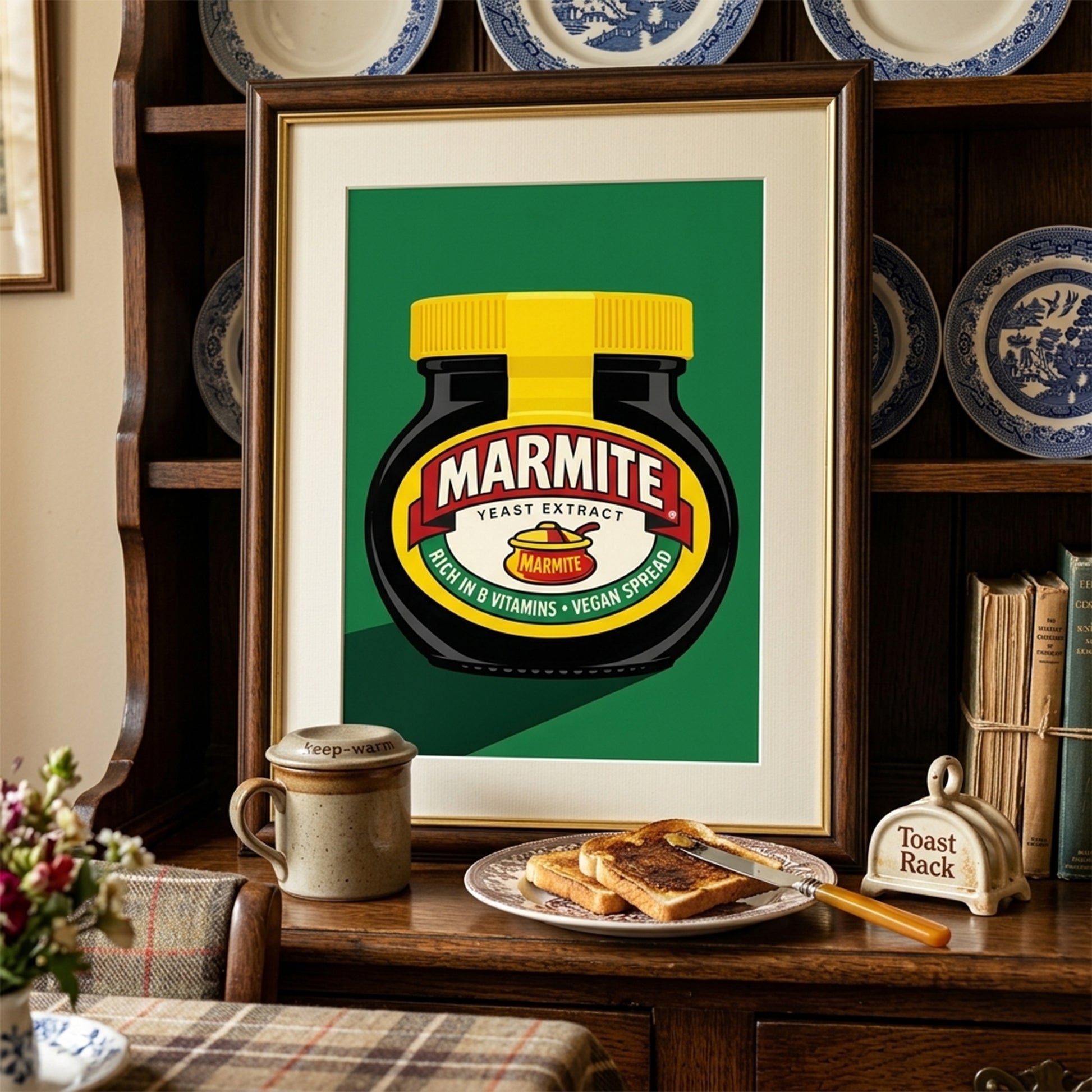 Framed Marmite Jar Print displayed above a dining setup with warm wood tones, food on the table and decorative shelving around it. The bold green background, black jar and yellow lid stand out clearly, giving the room a playful pop art focal point. A strong example of British food wall art used in a dining room, breakfast nook or home bar with modern and character-led styling.