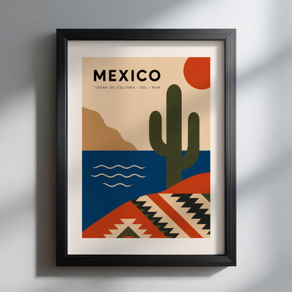 Mexico travel print shown in a slim black frame against a light neutral wall. The bold cactus, red sun, blue sea and geometric pattern stand out clearly, demonstrating how this modern Mexican poster adds colour and a clean travel-inspired focal point to contemporary living rooms, bedrooms or offices.