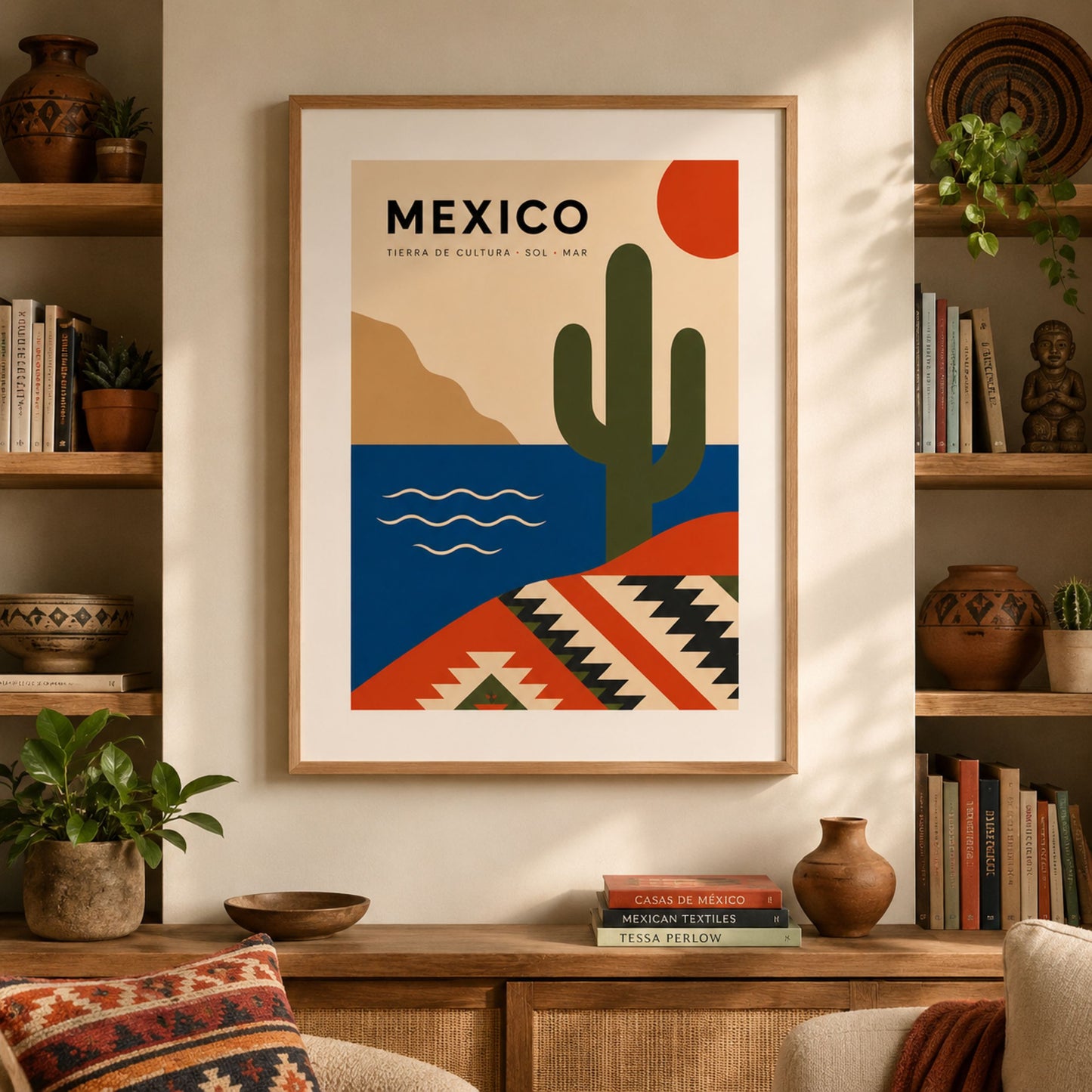 Mexico travel poster displayed in a natural wood frame within a warm, styled living room. Shelves, books, pottery and green plants surround the artwork, highlighting its cactus, red sun, blue sea and geometric Mexican pattern design as colourful cultural wall art for a modern home.