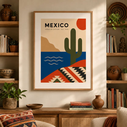 Mexico travel poster displayed in a natural wood frame within a warm, styled living room. Shelves, books, pottery and green plants surround the artwork, highlighting its cactus, red sun, blue sea and geometric Mexican pattern design as colourful cultural wall art for a modern home.