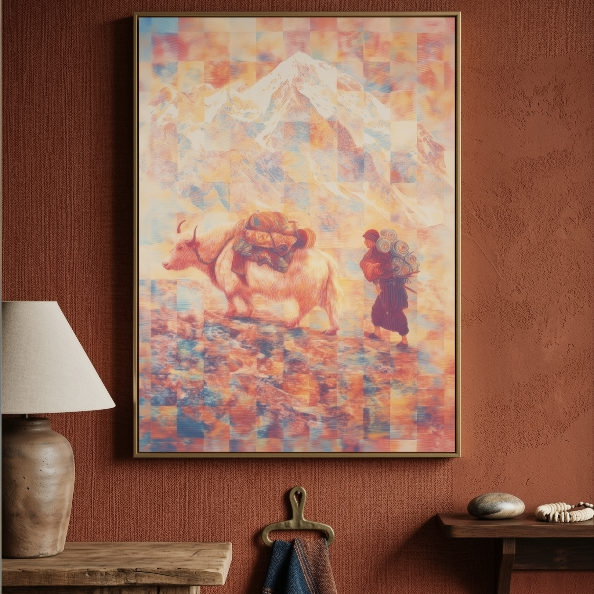 Contemporary framed poster of Mount Everest and the Himalayas, featuring a Sherpa walking beside a loaded yak in soft pastel tones, displayed on a warm terracotta wall above rustic wooden furniture.