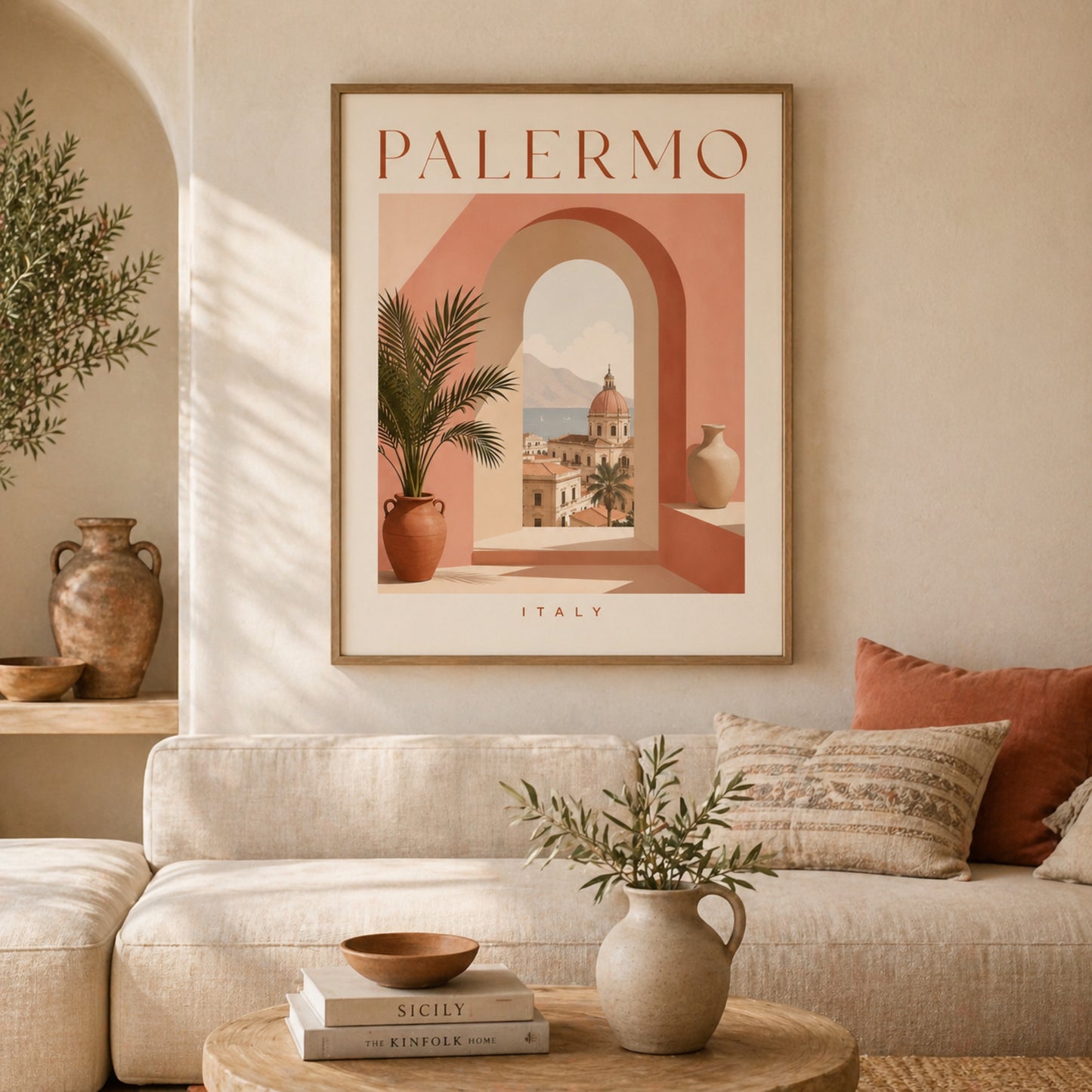Palermo Sicily travel poster framed above a neutral sofa in a warm Mediterranean living room. The peach, cream and terracotta artwork shows an arched city view with a potted palm, paired with soft cushions, ceramics and natural decor. A calm interior mock-up for Italian travel wall art and modern home styling.