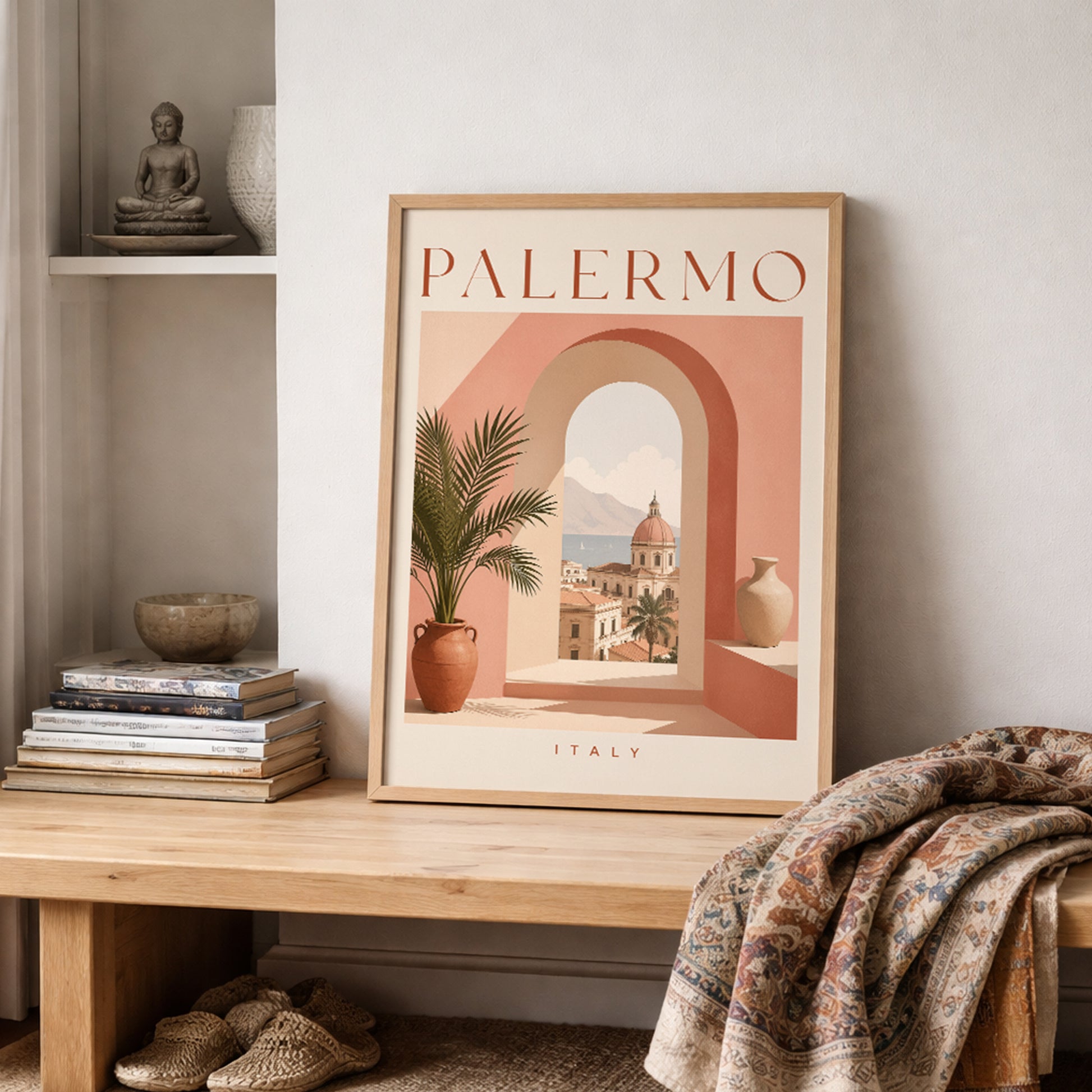 Palermo Sicily poster resting on a rustic wooden shelf in a cosy neutral interior. The peach and terracotta travel artwork shows a Mediterranean arch, potted palm and distant city buildings, styled with stacked books, pottery and a textured woven throw. Warm Italian wall art for relaxed, cultural home decor.