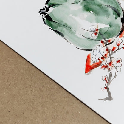Close up detail of the papaya artwork printed on paper, showing the lower edge of the green fruit, red blossom branch, and textured paper surface. The image highlights the loose ink lines, soft watercolour wash, and clean white background. Detailed product view for papaya print quality, tropical fruit wall art, botanical kitchen decor, and minimalist poster styling.