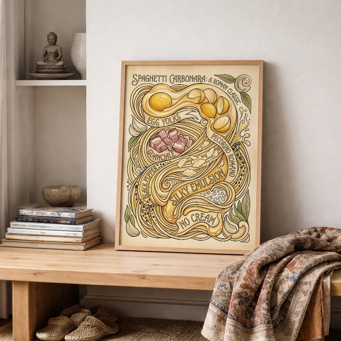 Framed Spaghetti Carbonara Poster displayed on a shelf beside stacked books, a small plant and soft folded textiles. The room styling gives the artwork a relaxed lived-in feel while keeping focus on the vintage recipe illustration and beige colour palette. Useful lifestyle image for spaghetti poster, pasta wall art, kitchen wall decor, Italian food poster and cosy dining space styling.