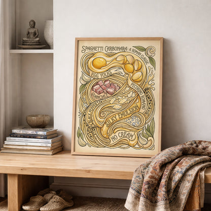 Framed Spaghetti Carbonara Poster displayed on a shelf beside stacked books, a small plant and soft folded textiles. The room styling gives the artwork a relaxed lived-in feel while keeping focus on the vintage recipe illustration and beige colour palette. Useful lifestyle image for spaghetti poster, pasta wall art, kitchen wall decor, Italian food poster and cosy dining space styling.