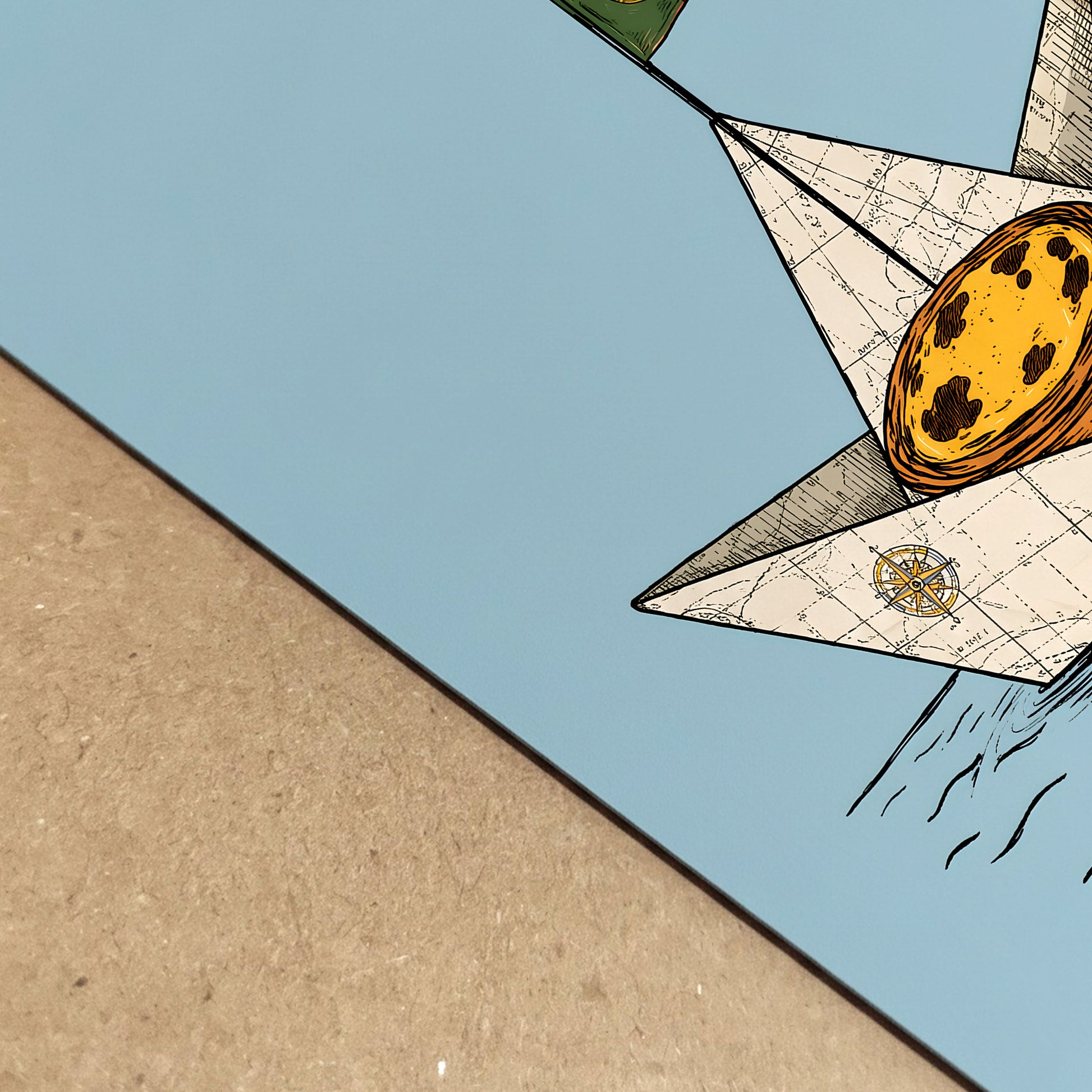 Close-up of the pastel de nata art print showing the soft blue background, map-patterned paper boat, golden custard tart and printed paper texture.