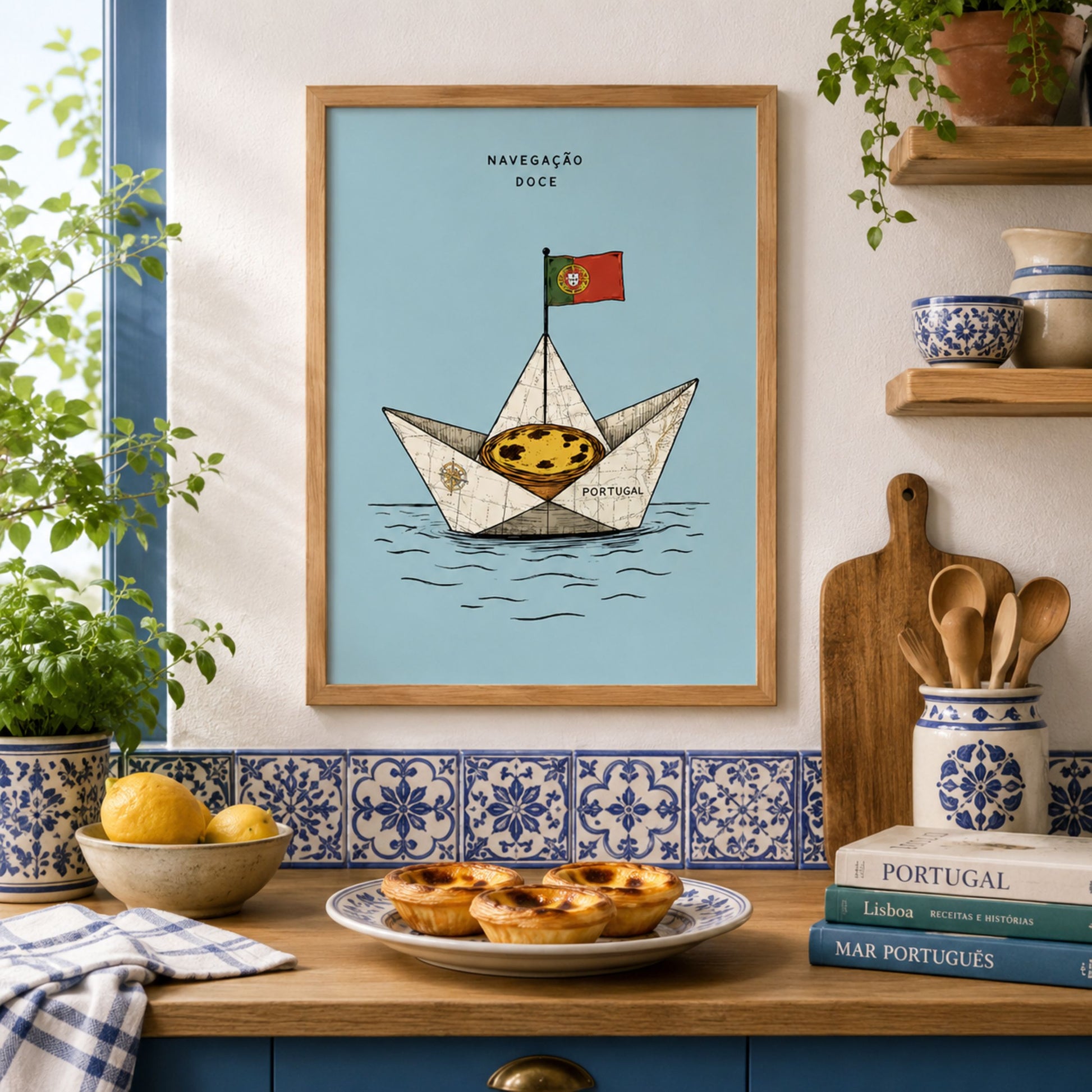 Framed pastel de nata sailing boat print displayed in a colourful kitchen with blue patterned tiles, wooden shelves, ceramics and lemons.