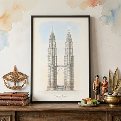 Petronas Towers architectural poster displayed on a styled mantel shelf surrounded by decorative objects. The minimalist Kuala Lumpur skyline artwork shows the iconic Twin Towers connected by the sky bridge with fine line detail and neutral colours. Malaysia architecture wall art designed to complement modern interior decor and travel themed spaces.