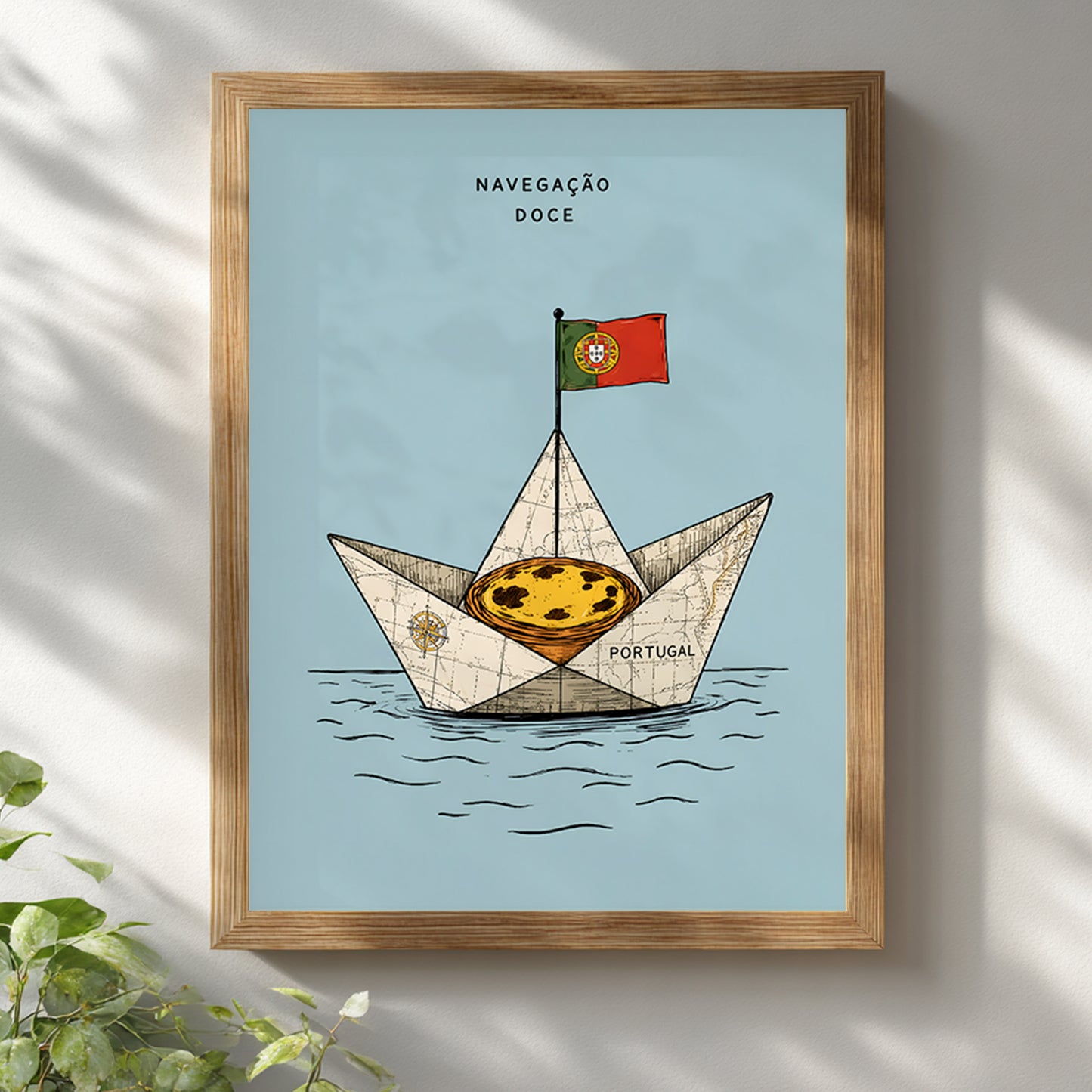 Pastel de nata sailing boat print displayed in a natural wooden frame on a white wall with soft sunlight and leafy shadows.