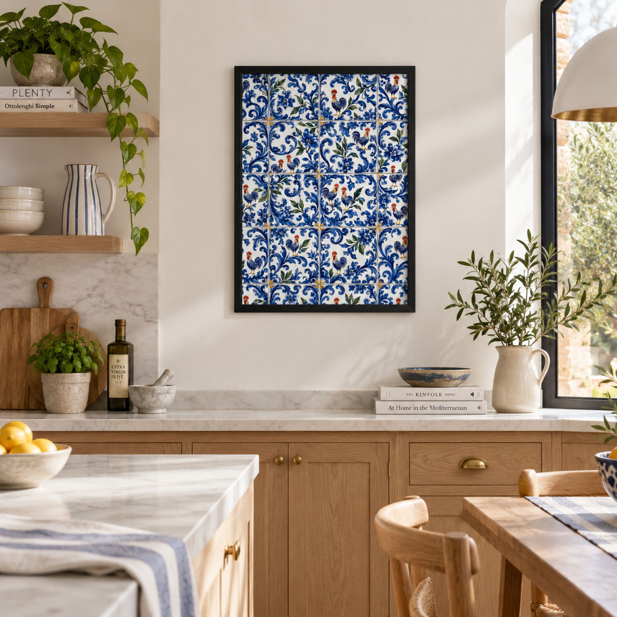 Framed Portuguese rooster azulejo print displayed in a bright kitchen, featuring blue and white tile artwork above natural wood cabinetry, pale stone worktops and simple ceramic decor.
