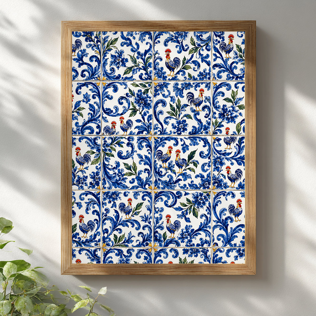 Portuguese rooster azulejo print in a light wood portrait frame on a white wall, featuring detailed blue and white tile patterns, floral decoration and colourful rooster motifs.