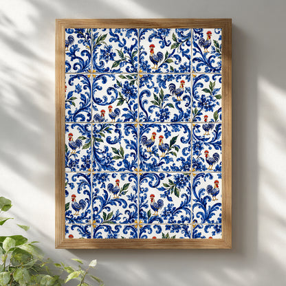 Portuguese rooster azulejo print in a light wood portrait frame on a white wall, featuring detailed blue and white tile patterns, floral decoration and colourful rooster motifs.