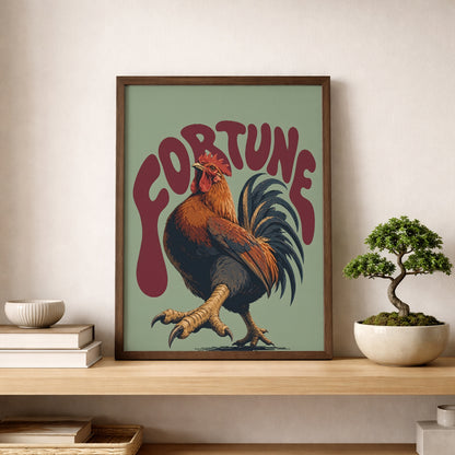 Green and Red Fortune Rooster Print