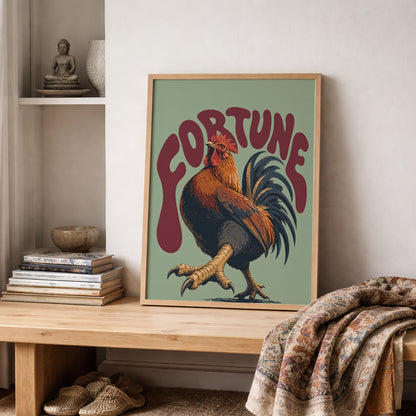 Green and Red Fortune Rooster Print