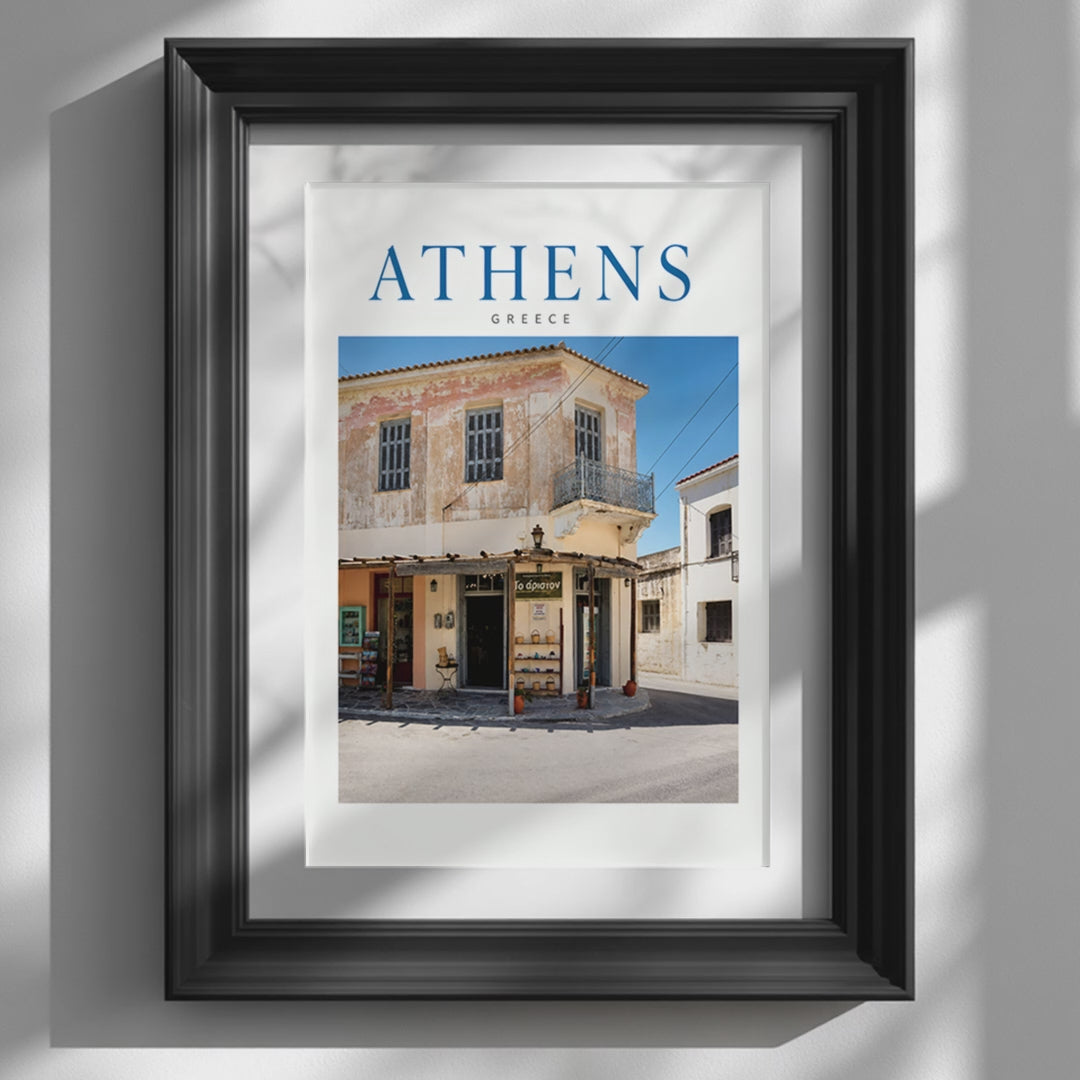 Video showcasing the available sizes for Weathered Athens Street Photography Print. It begins with a close-up of the artwork displayed in a black frame, followed by each available print size