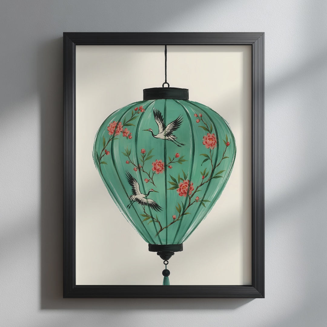 Video showcasing the available sizes for Turquoise Hoi An Lantern Art Print. It begins with a close-up of the artwork displayed in a black frame, followed by each available print size