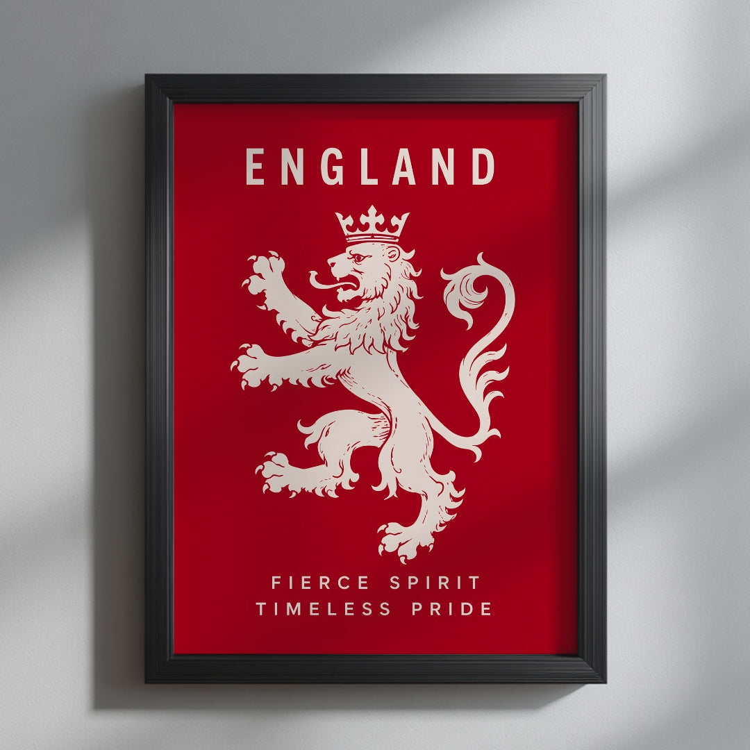 Video showcasing the available sizes for Red England Lion Poster – Crowned Heraldic Design It begins with a close-up of the artwork displayed in a black frame, followed by each available print size