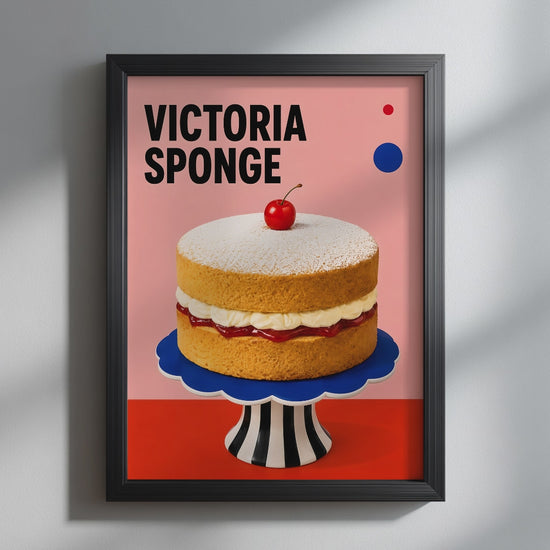 Video showcasing the available sizes forPink Retro Victoria Sponge Cake Poster. It begins with a close-up of the artwork displayed in a black frame, followed by each available print size