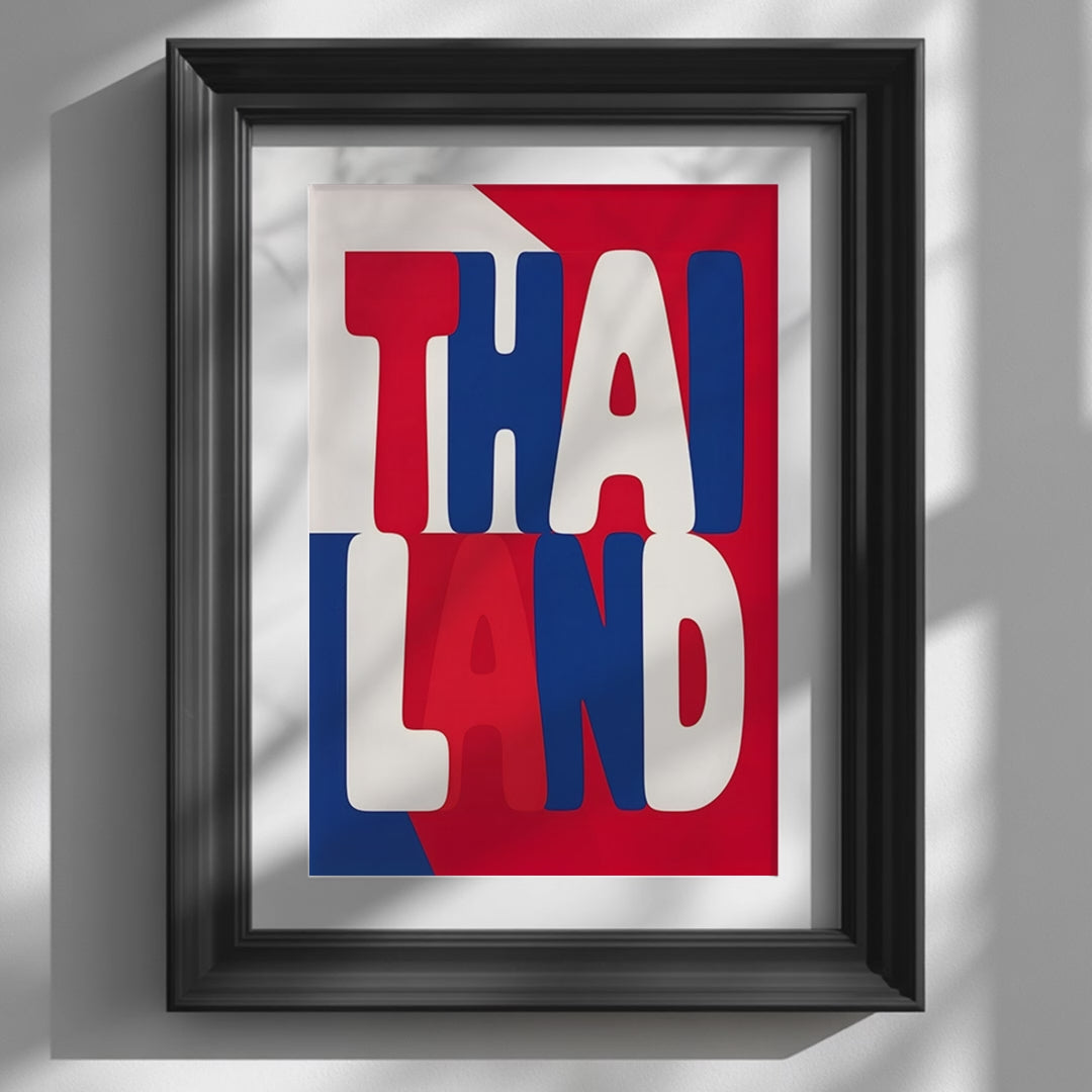 Video showcasing the available sizes for Thailand Typography Poster in Flag Colours. It begins with a close-up of the artwork displayed in a black frame, followed by each available print size