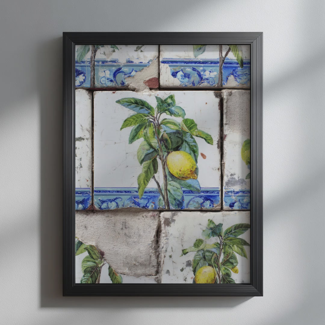 Video showcasing the available sizes for Portuguese Lemon Tile Kitchen Art Print. It begins with a close-up of the artwork displayed in a black frame, followed by each available print size