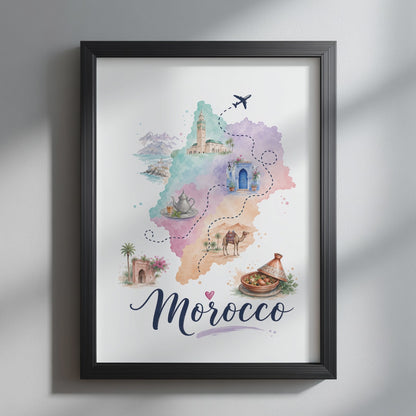 Morocco Watercolour Travel Map Poster