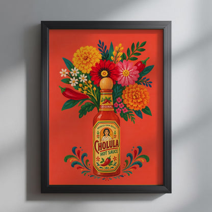 Video showcasing the available sizes for the Mexican Hot Sauce Flower Art Print wall art print. It begins with a close-up of the artwork displayed in a black frame, followed by each available print size