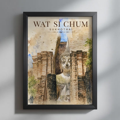 Video showcasing the available sizes forWat Si Chum Sukhothai Watercolour Art Print It begins with a close-up of the artwork displayed in a black frame, followed by each available print size