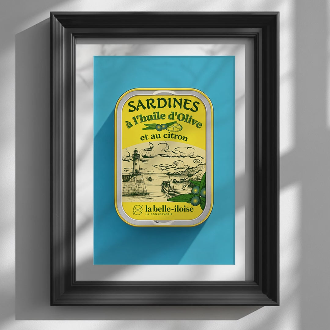 Video showcasing the available sizes for French Sardine Tin Pop Art Print. It begins with a close-up of the artwork displayed in a black frame, followed by each available print size