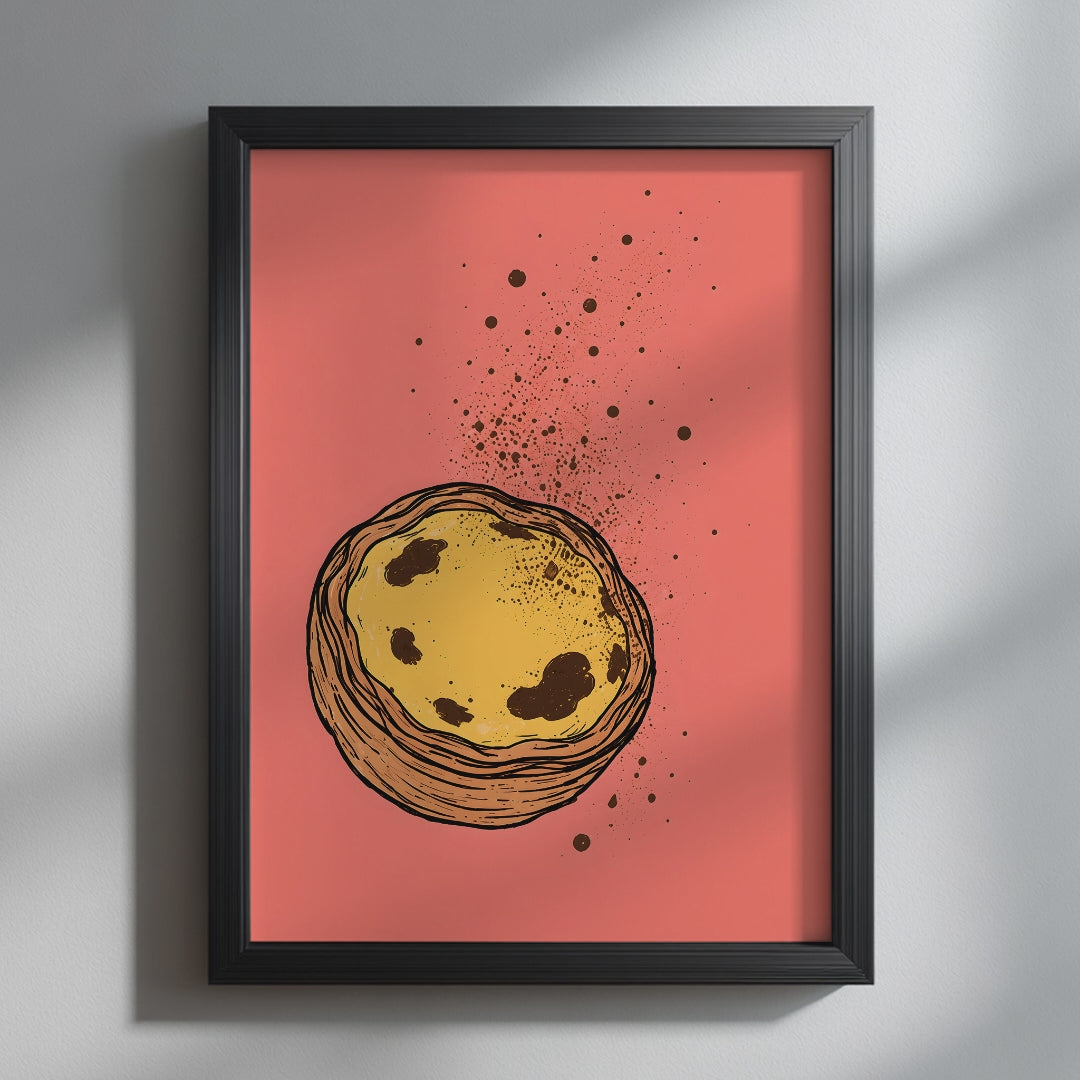 Video showcasing the available sizes for Minimalist Pastel de Nata Print – Portuguese Food Art. It begins with a close-up of the artwork displayed in a black frame, followed by each available print size