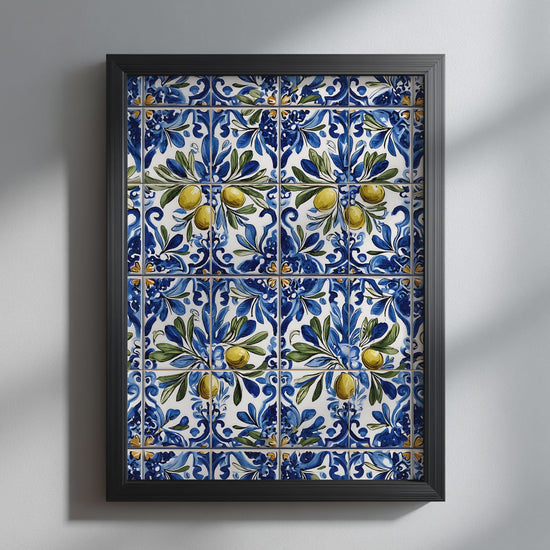 Video showing the available sizes for a Portuguese blue floral azulejo olive art print. It opens with a close-up of the artwork in a black frame, followed by each available print size.