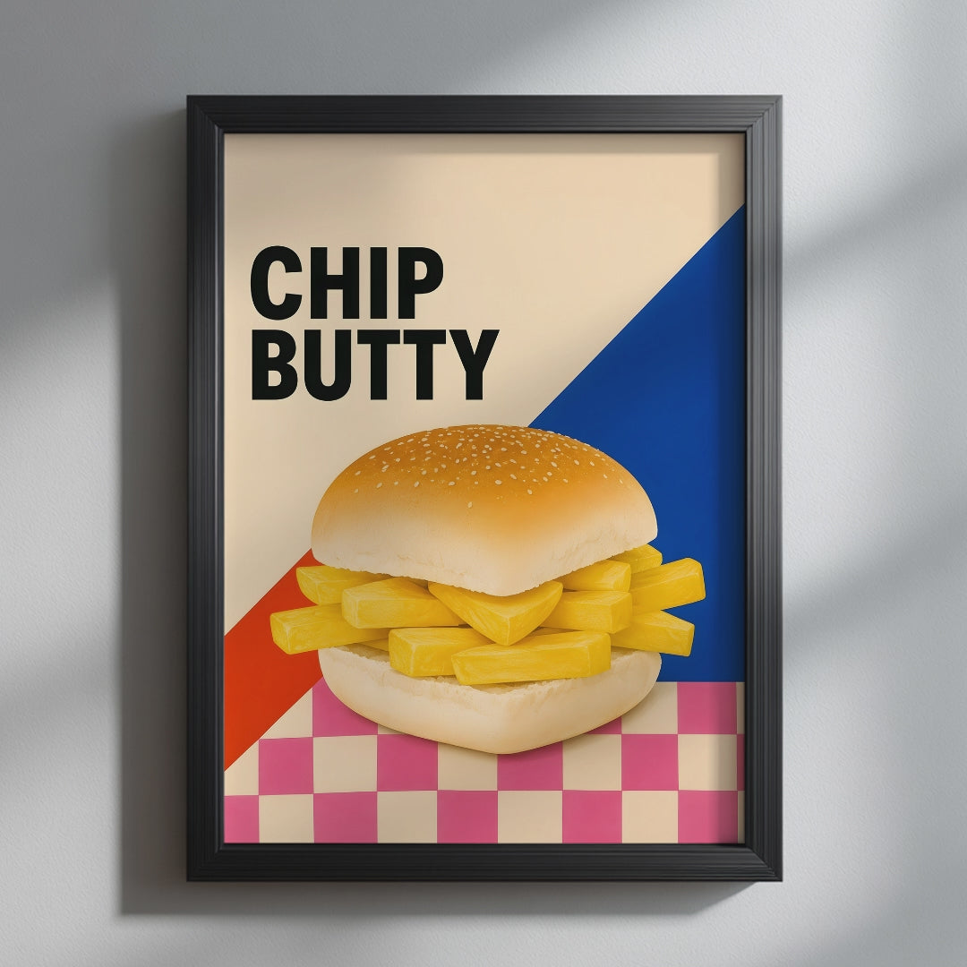 Video showcasing the available sizes for British Chip Butty Pop Art Print. It begins with a close-up of the artwork displayed in a black frame, followed by each available print size