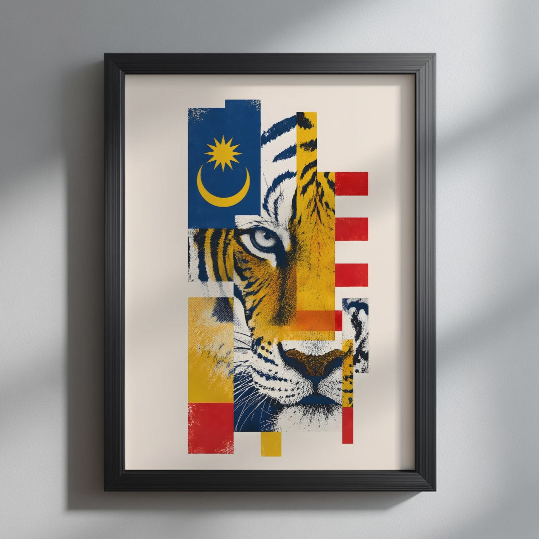 Video showcasing the available sizes for Malayan Tiger & Malaysian Flag Collage Art Print. It begins with a close-up of the artwork displayed in a black frame, followed by each available print size