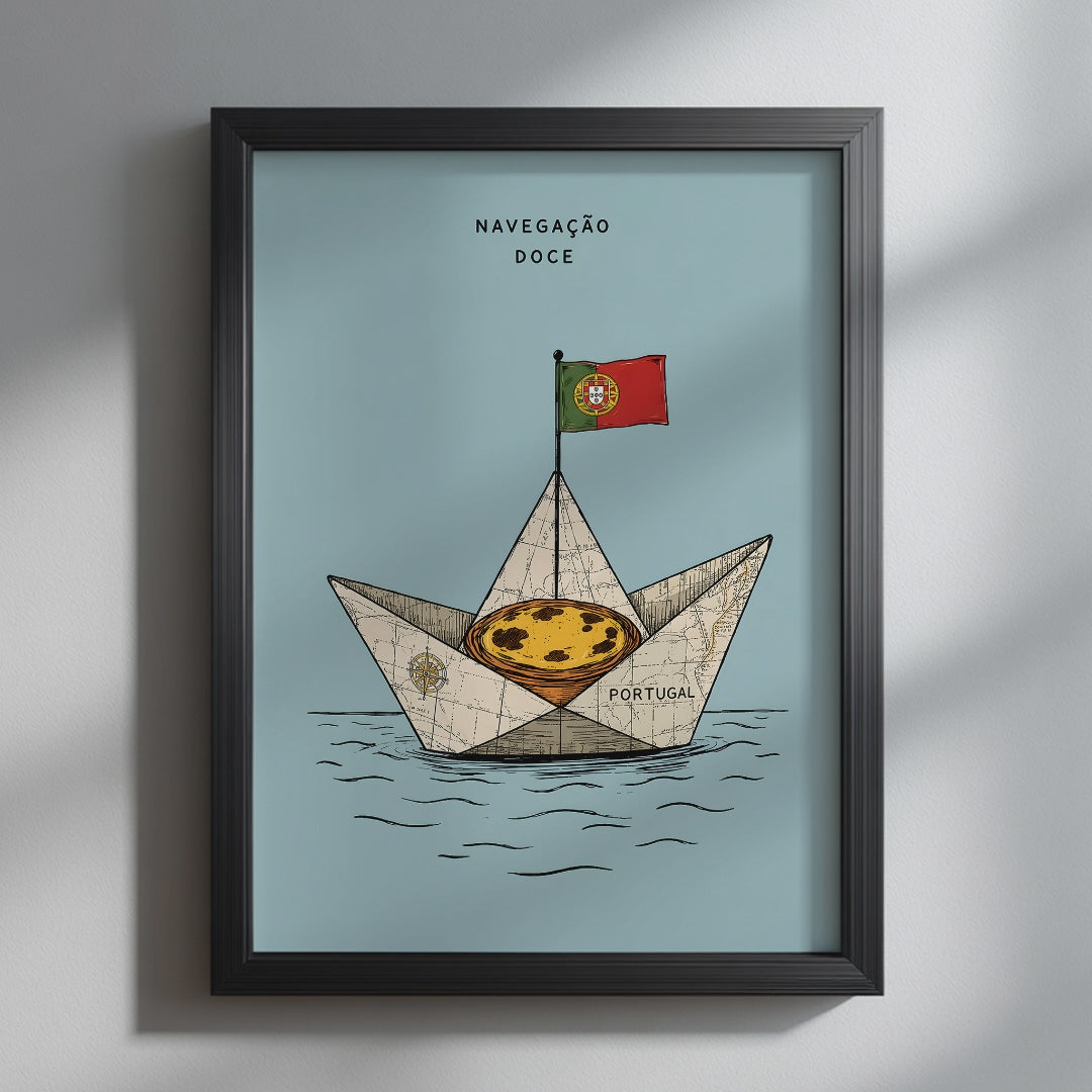 Video showing the available sizes for the Portuguese pastel de nata sailing in a paper boat poster, beginning with a close-up of the artwork in a black frame before displaying each print size.