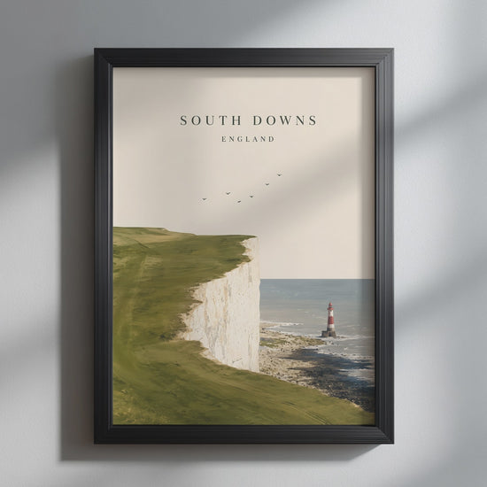 Video showcasing the available sizes for South Downs Chalk Cliffs Print. It begins with a close-up of the artwork displayed in a black frame, followed by each available print size